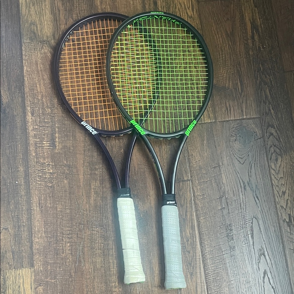 Prince Tennis Rackets with Green and Orange Strings